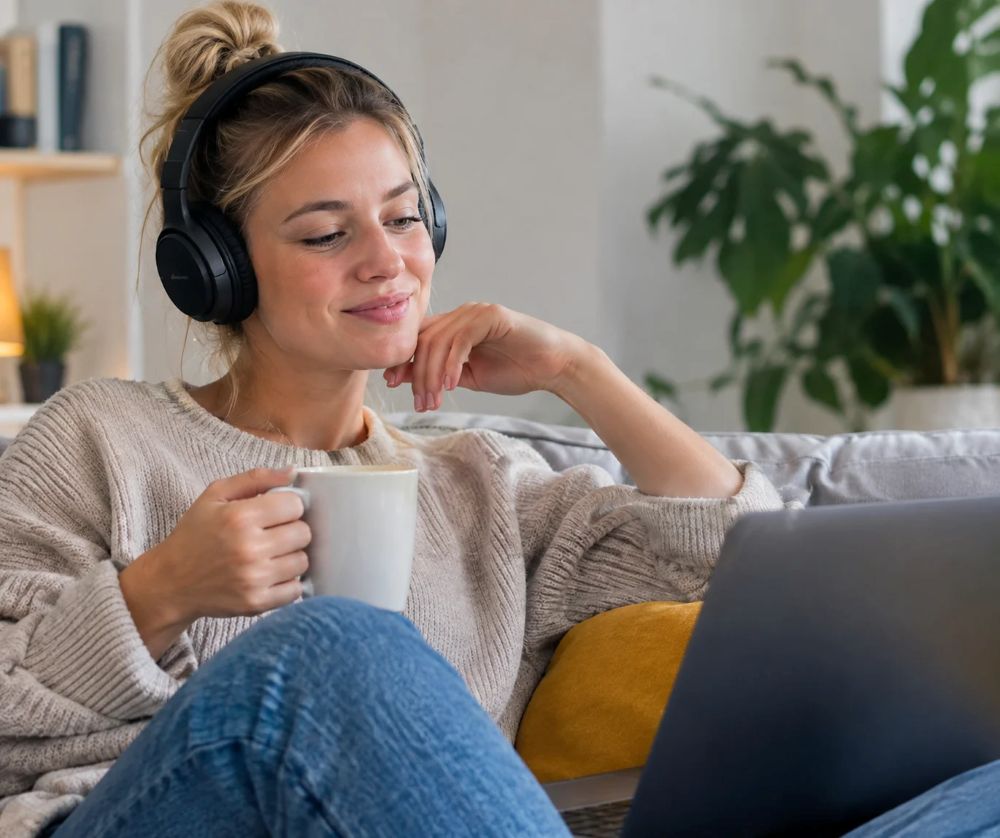 Joven practicando comprensión auditiva en español con auriculares